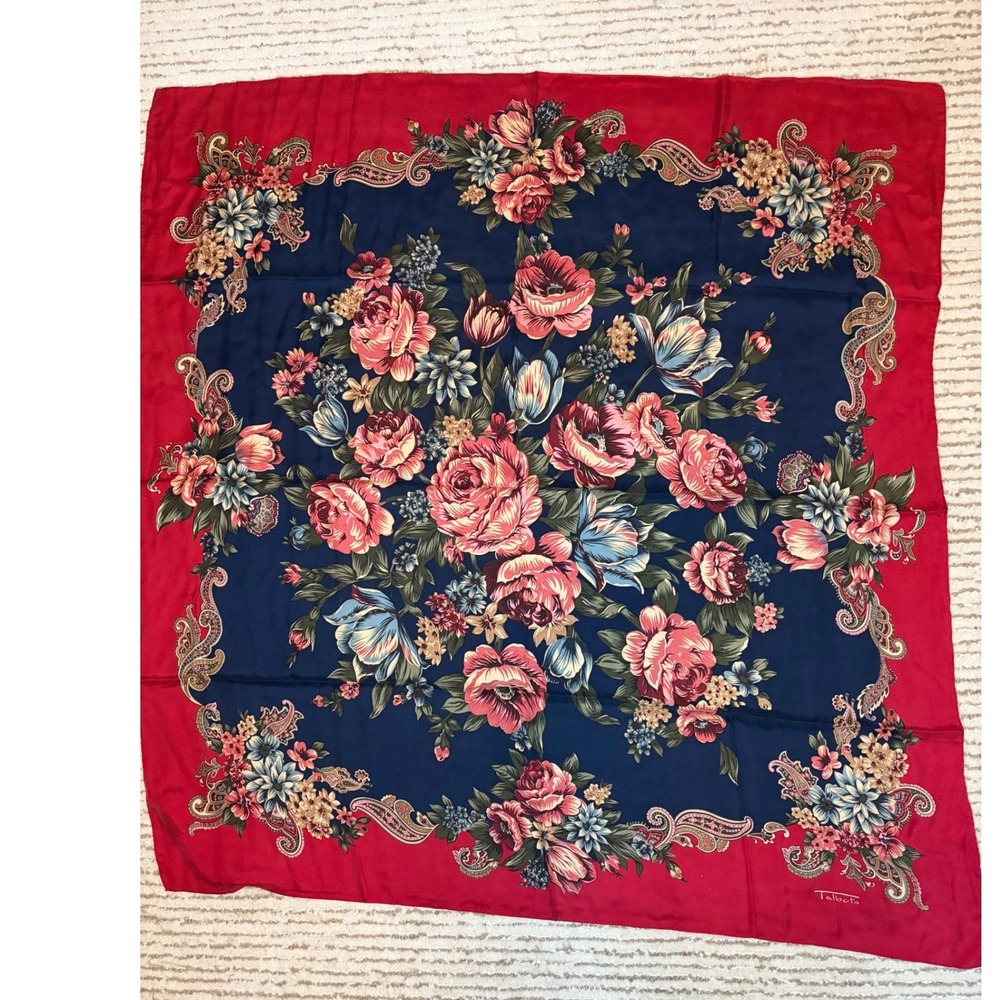 Talbots Red Blue Floral Peony 100% Silk Square Scarf Made in Japan Vintage NWT - Picture 3 of 6